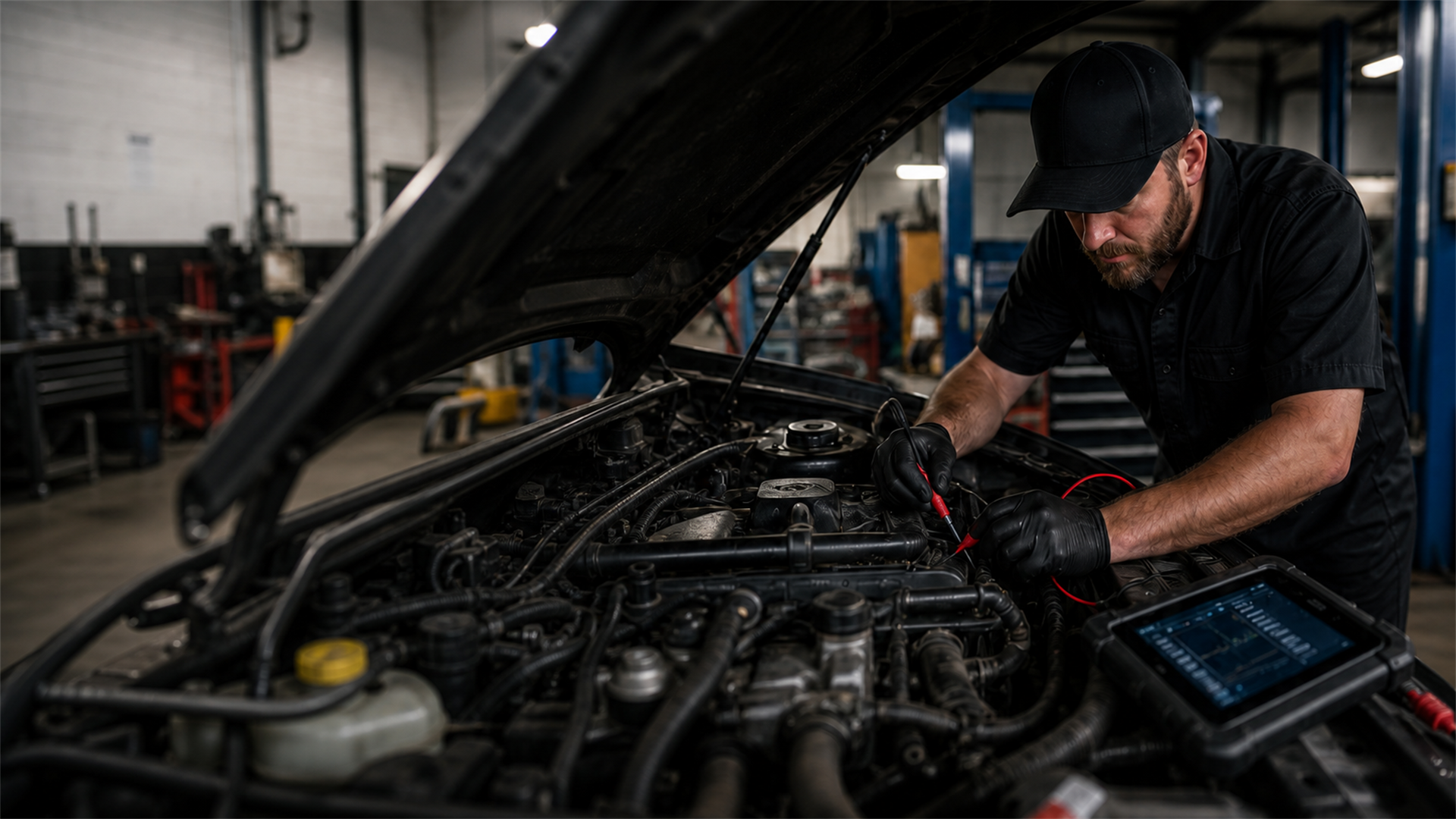 Get Connected auto electrician testing an engine bay with a multimeter and a diagnostic tablet